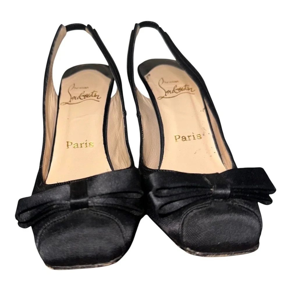 Christian Louboutin Black Satin Sling Back Bow kitten Pumps - Size 37.5